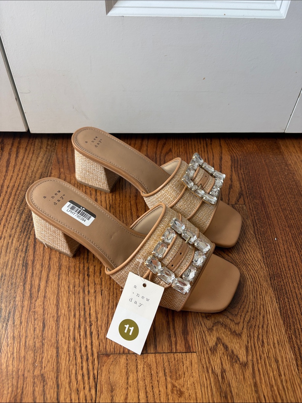 a new day Beige Crystal-Embellished Block Heel Mules Size 11 New